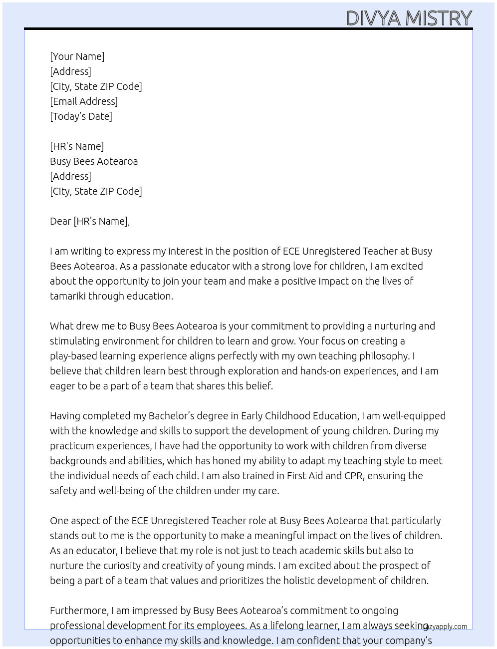 ECE Unregistered Teacher At Busy Bees Aotearoa Cover Letter