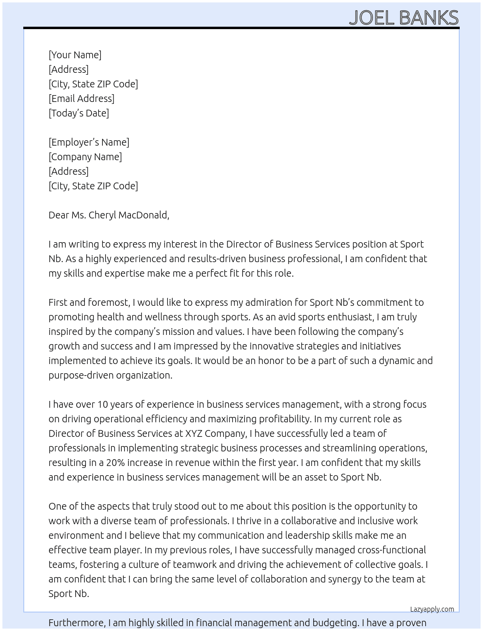 Cover letter for director of business services - LazyApply