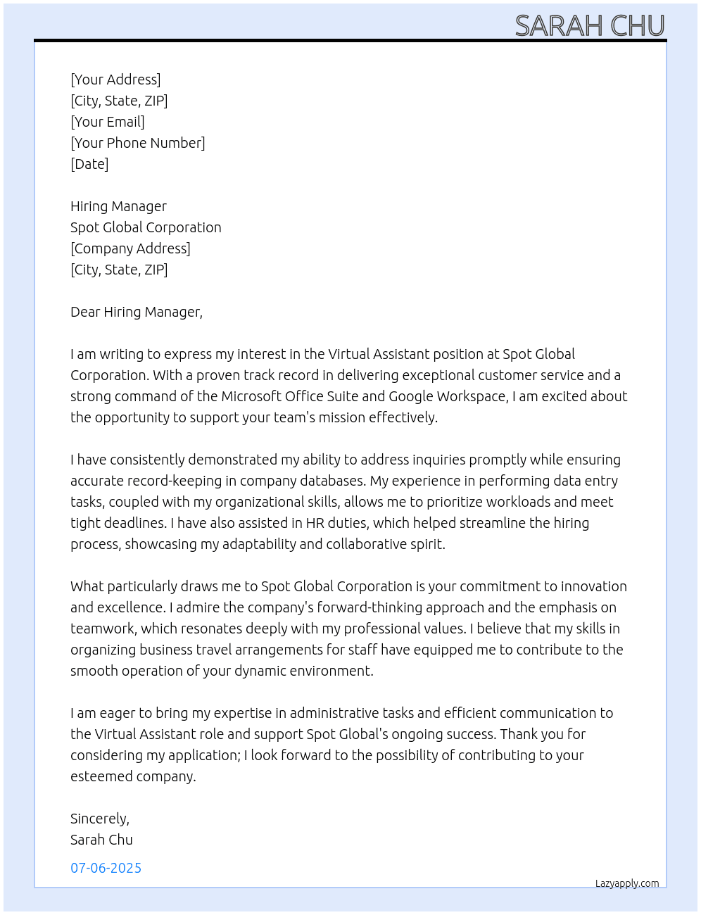 virtual Assistant  At Spot Global Corporation Cover Letter