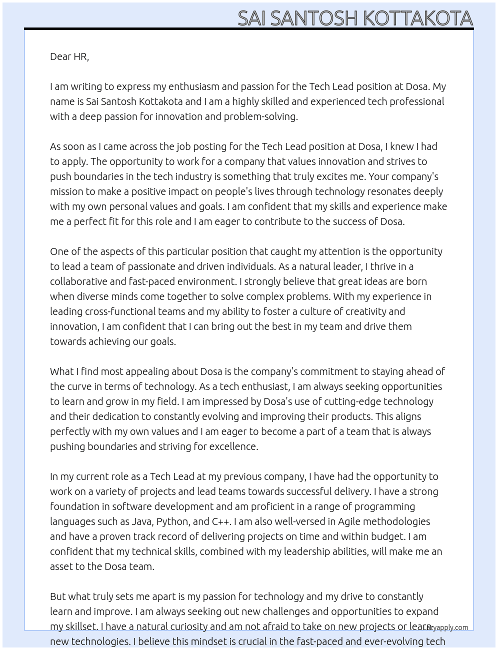 Tech Lead At Dosa Cover Letter
