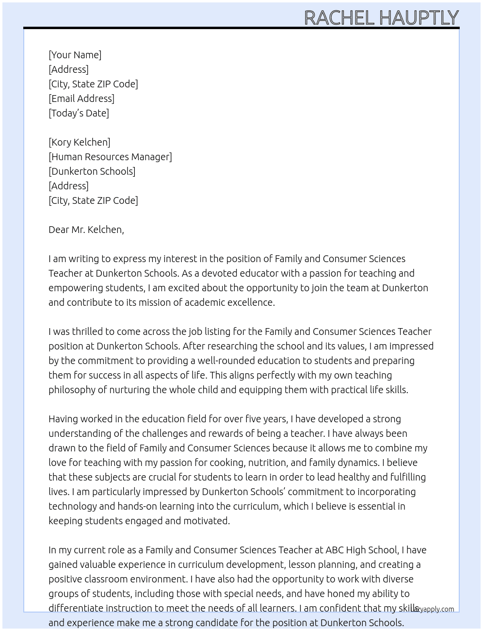 Family and Consumer Sciences Teacher At Dunkerton Schools Cover Letter