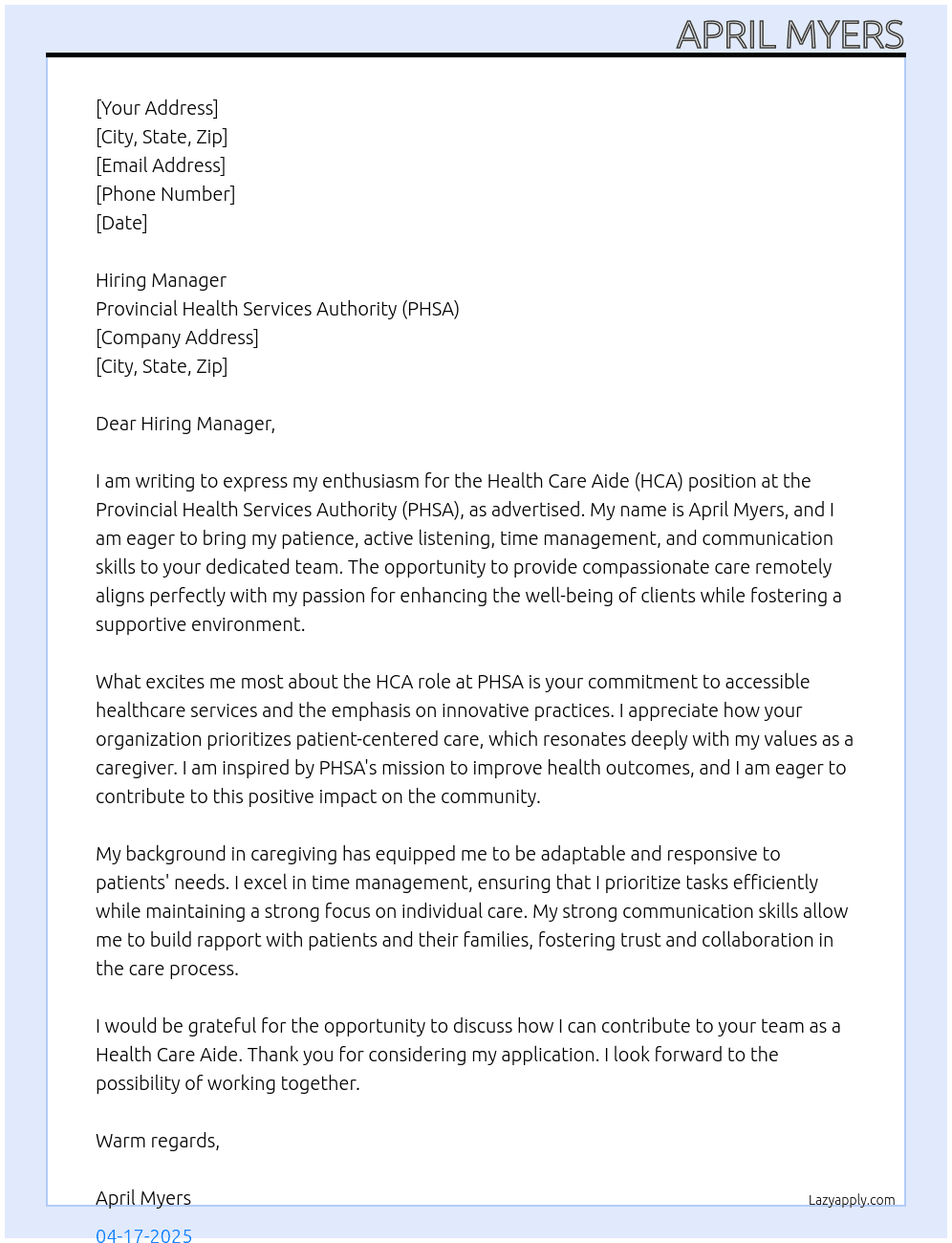Health Care Aide At Provincial Health Services Authority (PHSA) Cover Letter