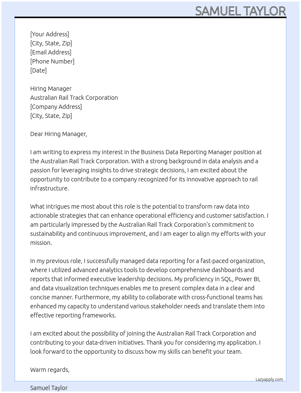 Business Data Reporting Manager At Australian Rail Track Corporation Cover Letter