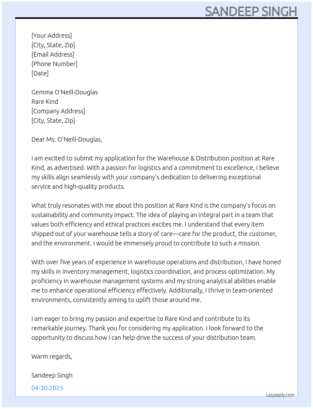 Warehouse & Distribution At Rare kind Cover Letter