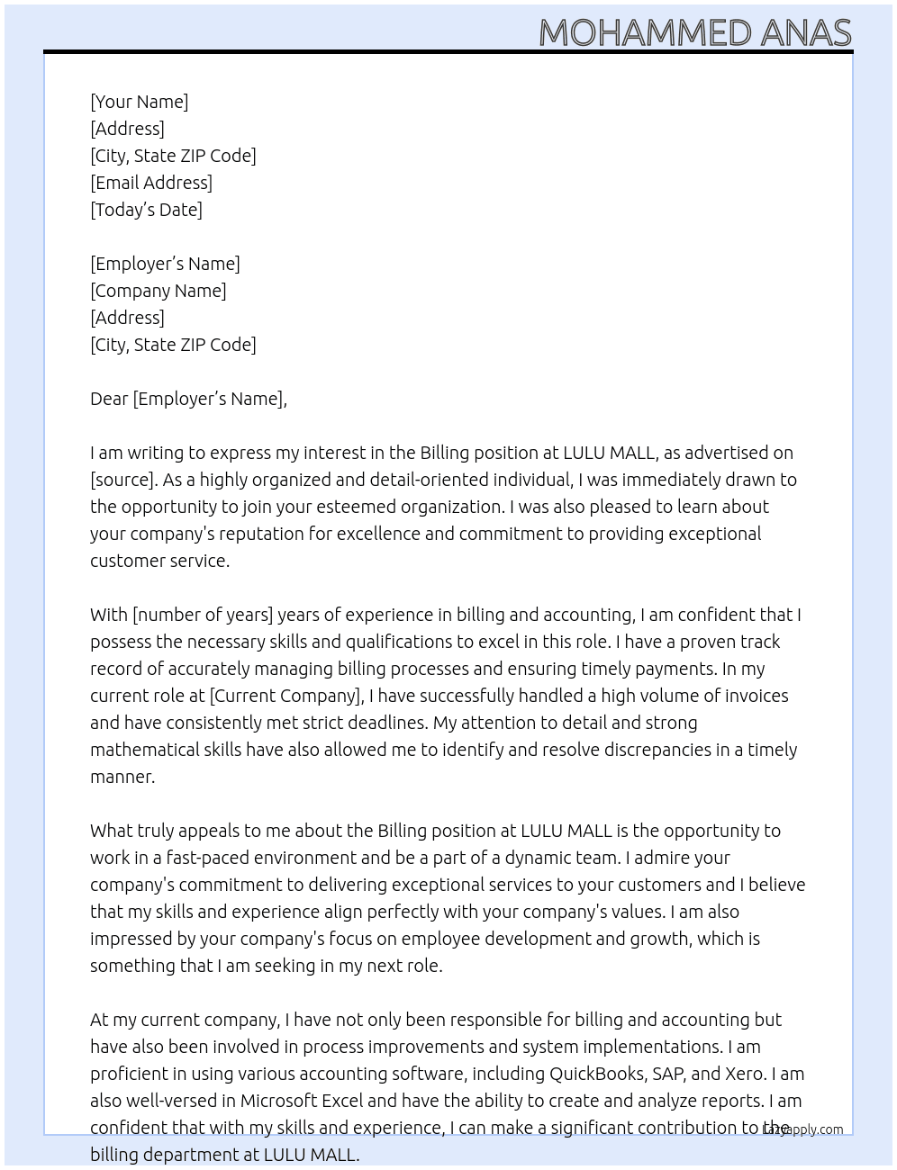 Billing At LULU MALL Cover Letter