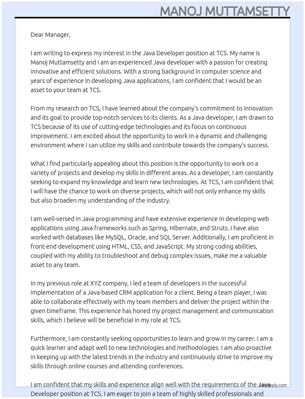 Java developer At TCS Cover Letter