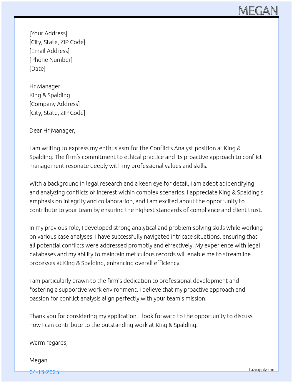 Conflicts Analysis At King & Spalding Cover Letter