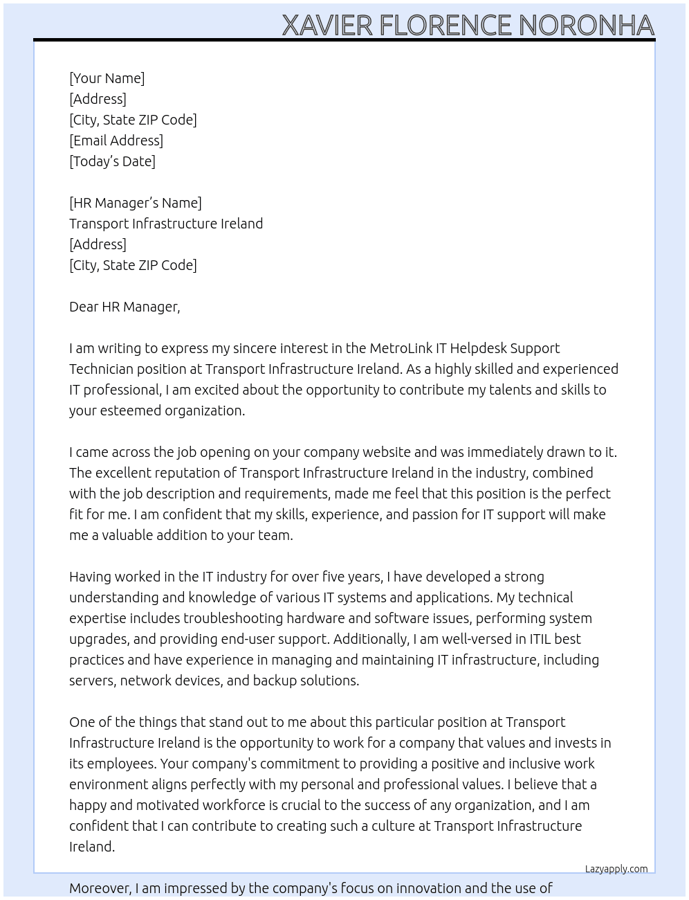 MetroLink IT Helpdesk Support Technician At Transport Infrastructure Ireland Cover Letter