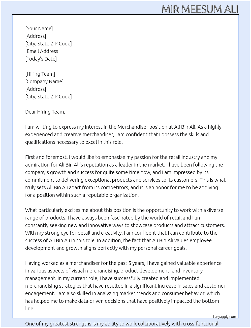 Merchandiser At Ali Bin Ali Cover Letter