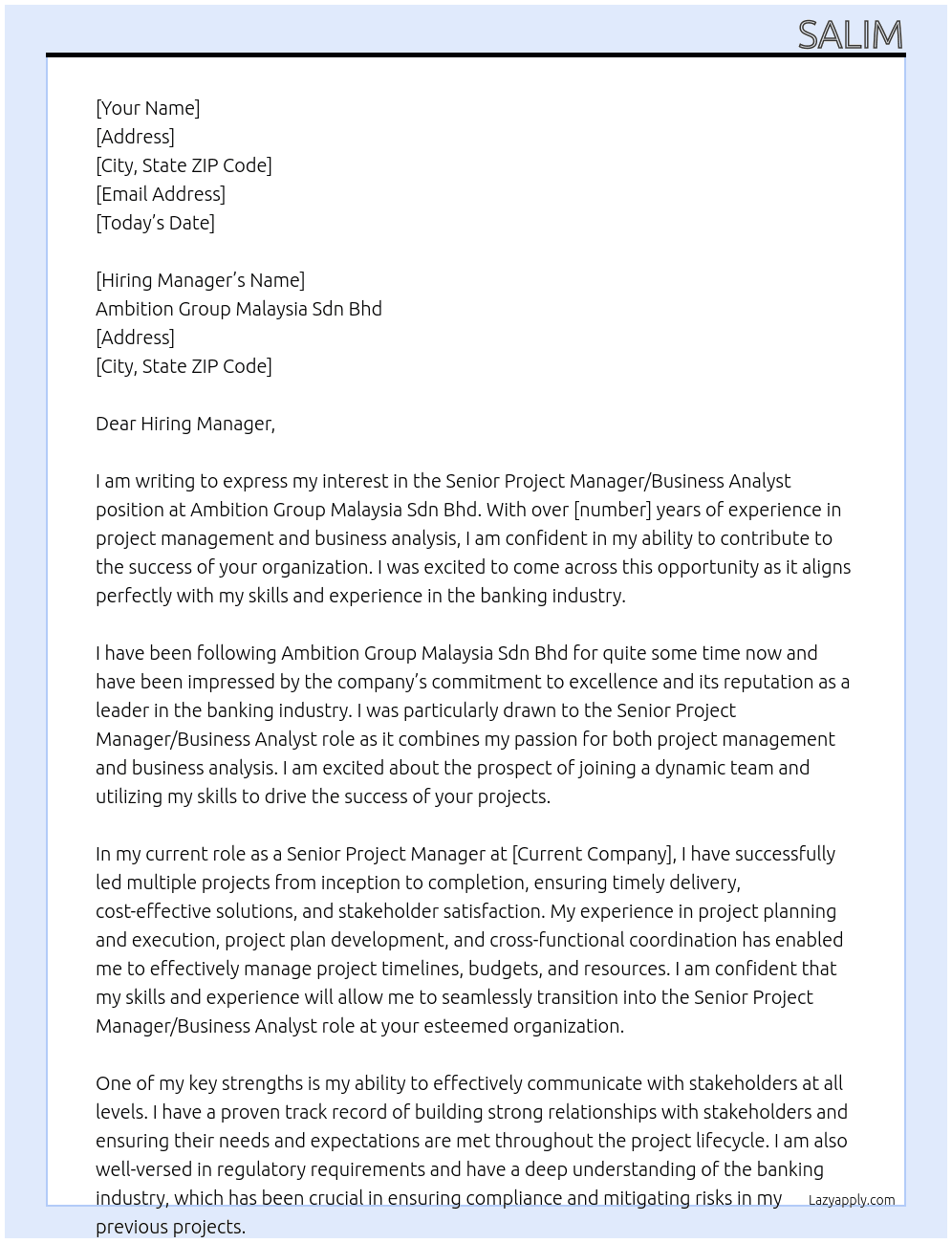 Senior Project Manager / Business Analyst (Banking) At Ambition Group Malaysia Sdn Bhd Cover Letter