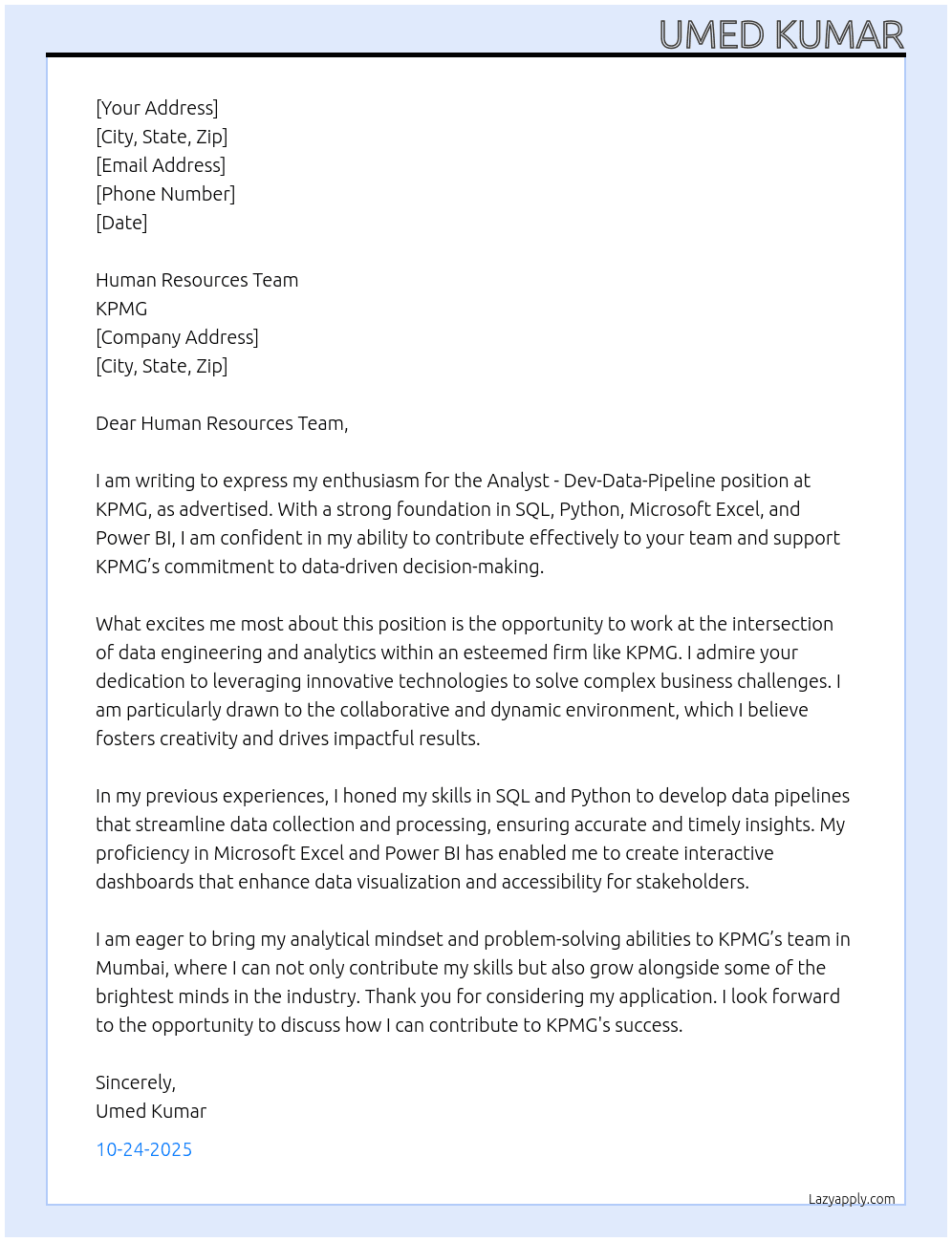 Cover letter for analyst - dev-data-pipeline - LazyApply