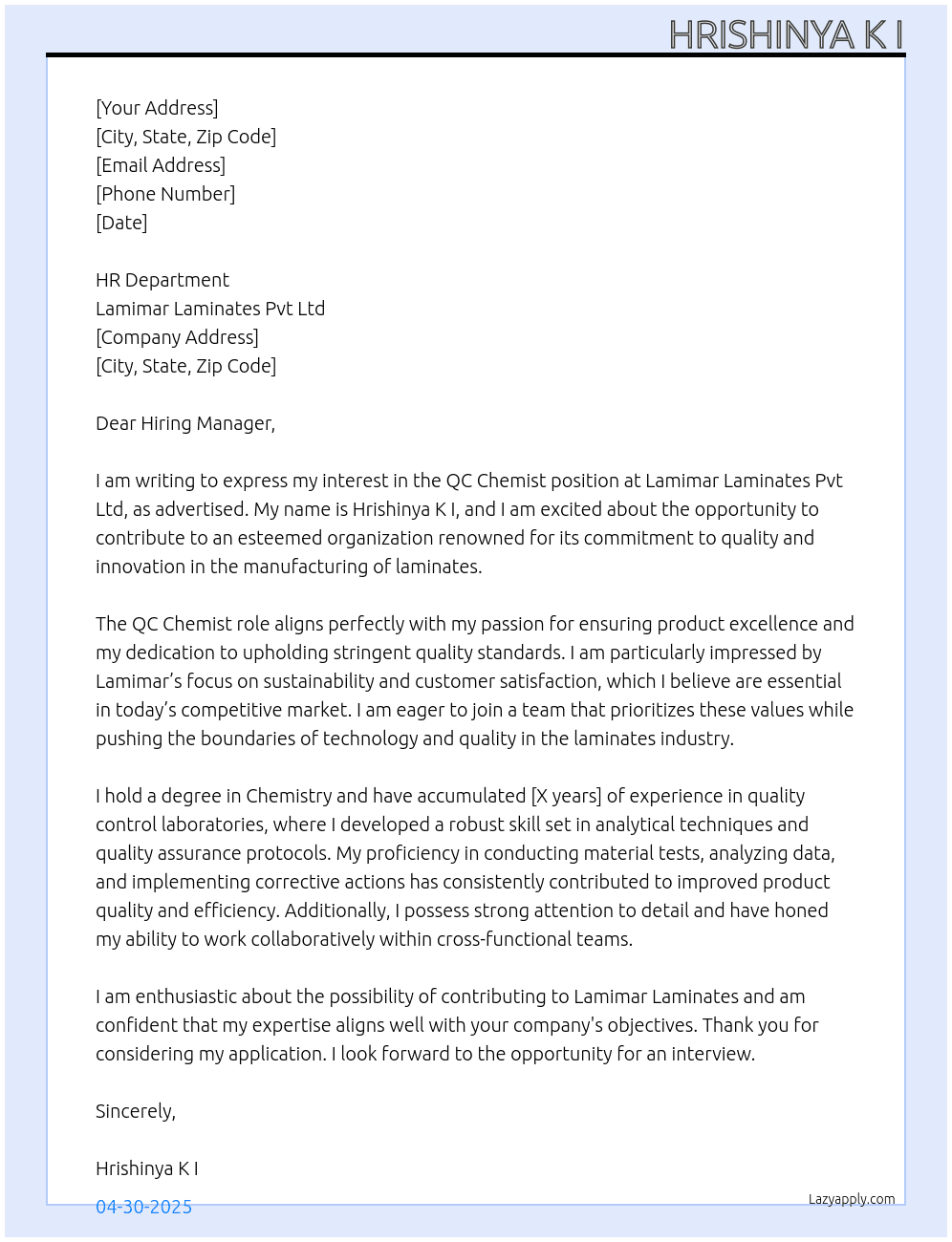 QC chemist  At Lamimar Laminates Pvt Ltd  Cover Letter