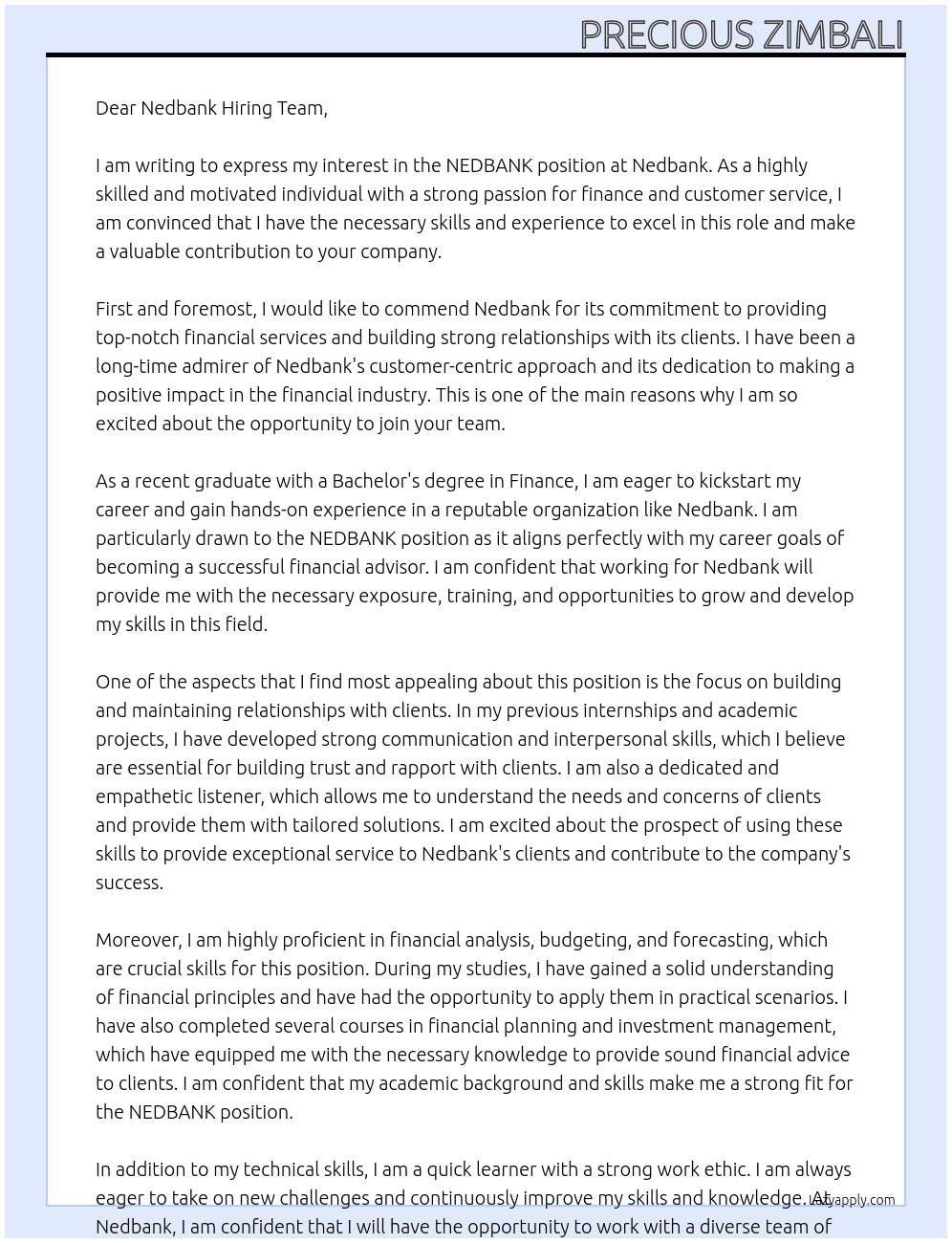 Cover letter for nedbank - LazyApply