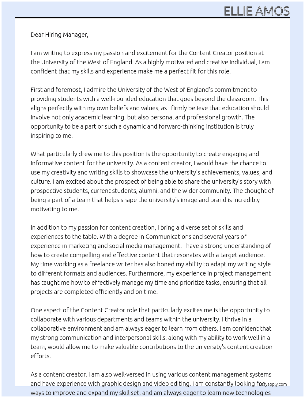 Content Creator At University of the West of England Cover Letter