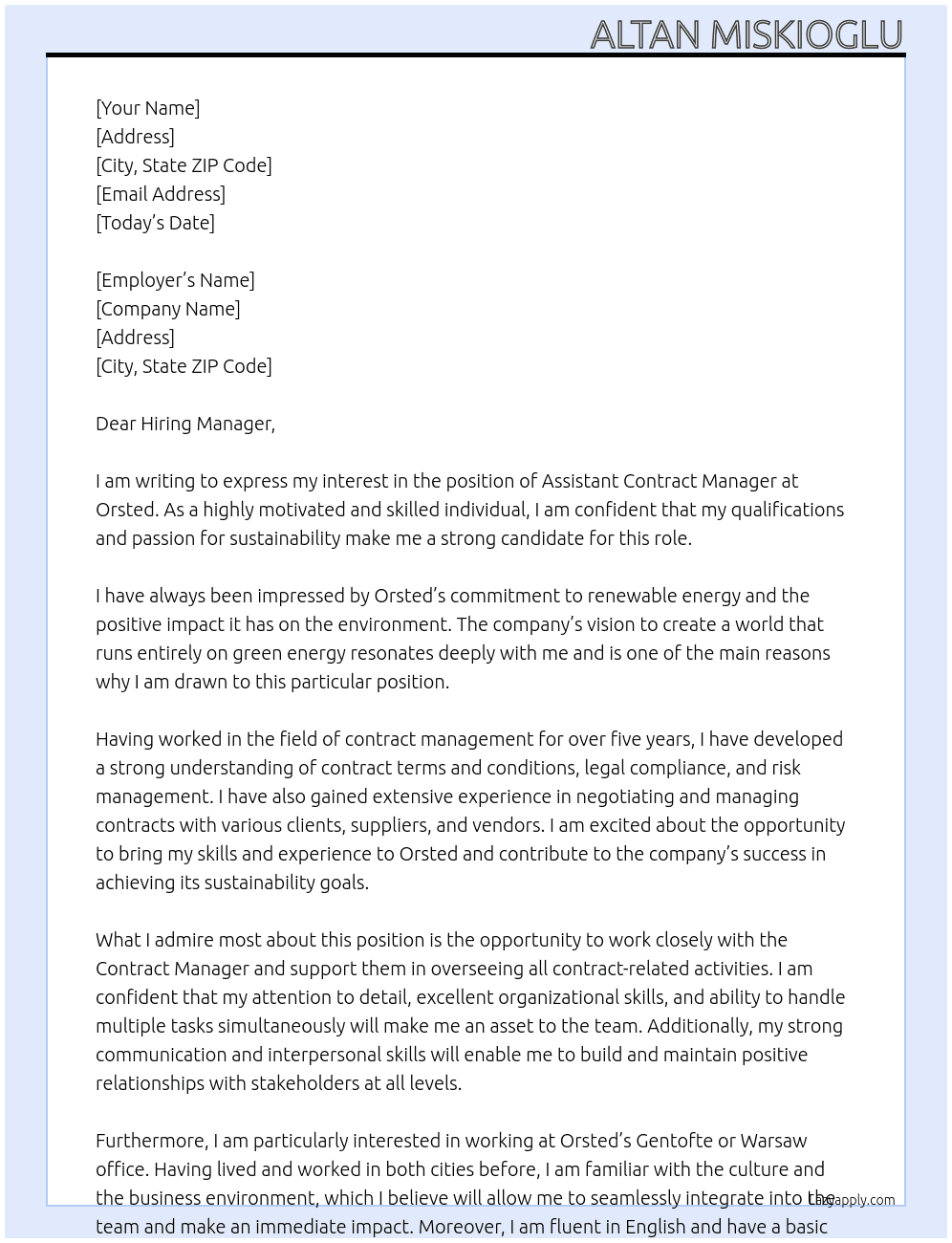 Assistant Contract Manager At Orsted Cover Letter