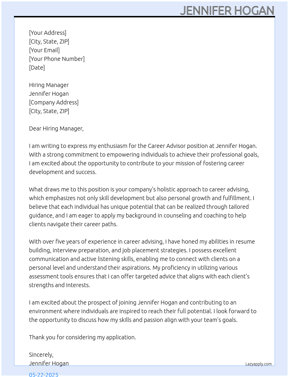 Career Advisor At jennifer Hogan Cover Letter