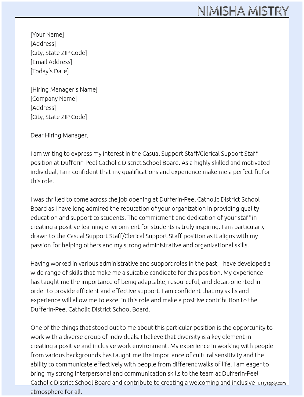 Cover letter for casual support staff/ clerical support staff - LazyApply