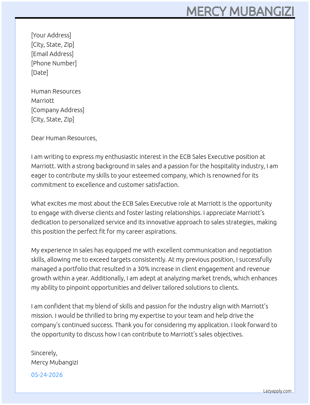 ECB Sales Executive At Marriott  Cover Letter