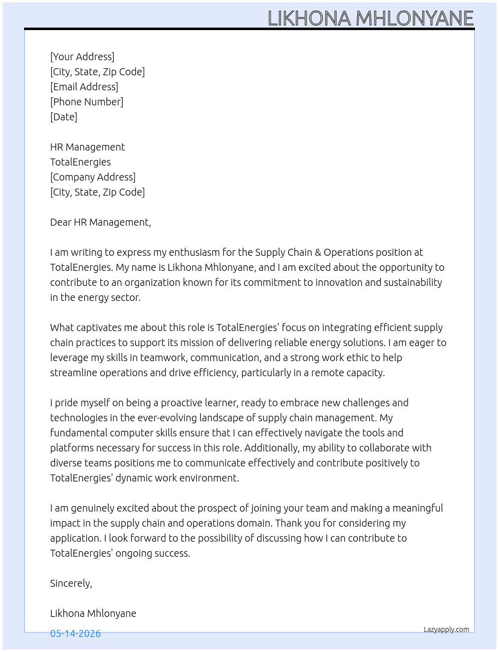 Supply chain & operation  At Totalenergies Cover Letter