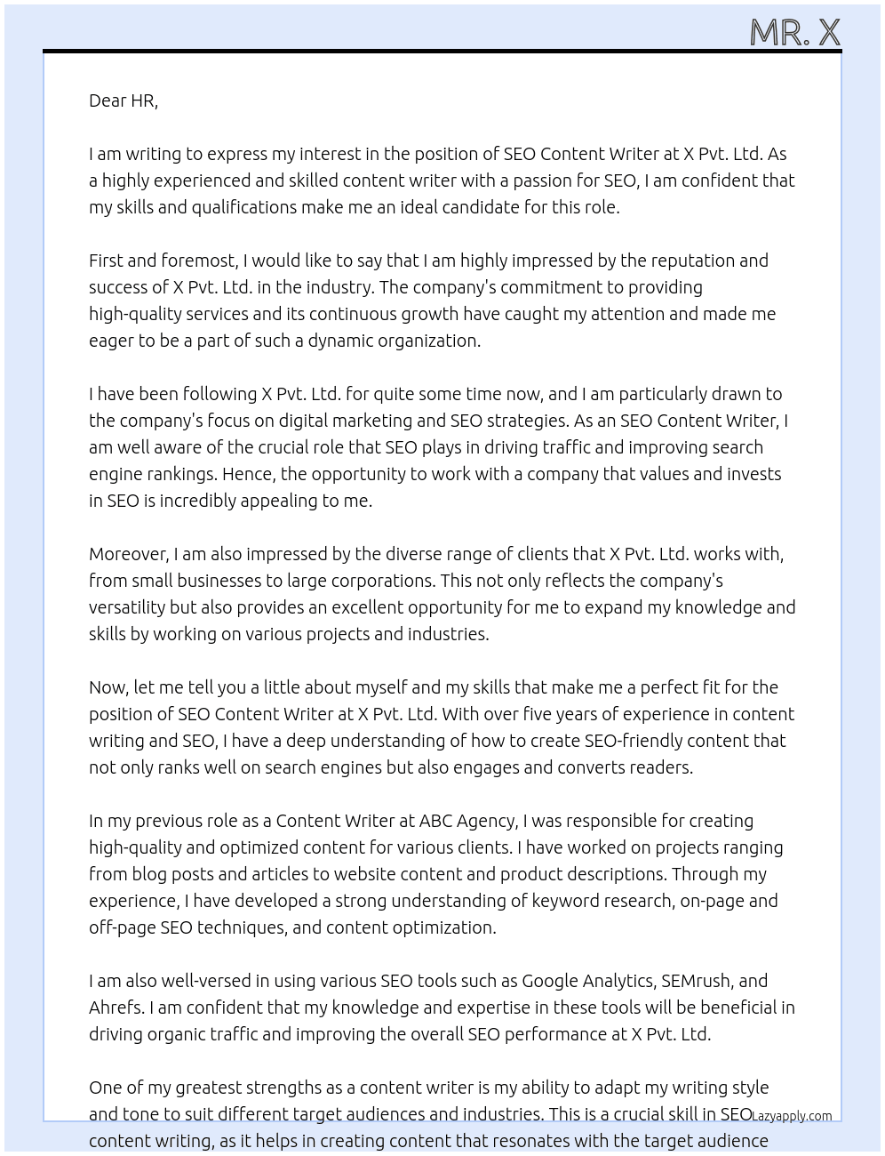 SEO CONTENT WRITER At X Pvt Lmt. Cover Letter