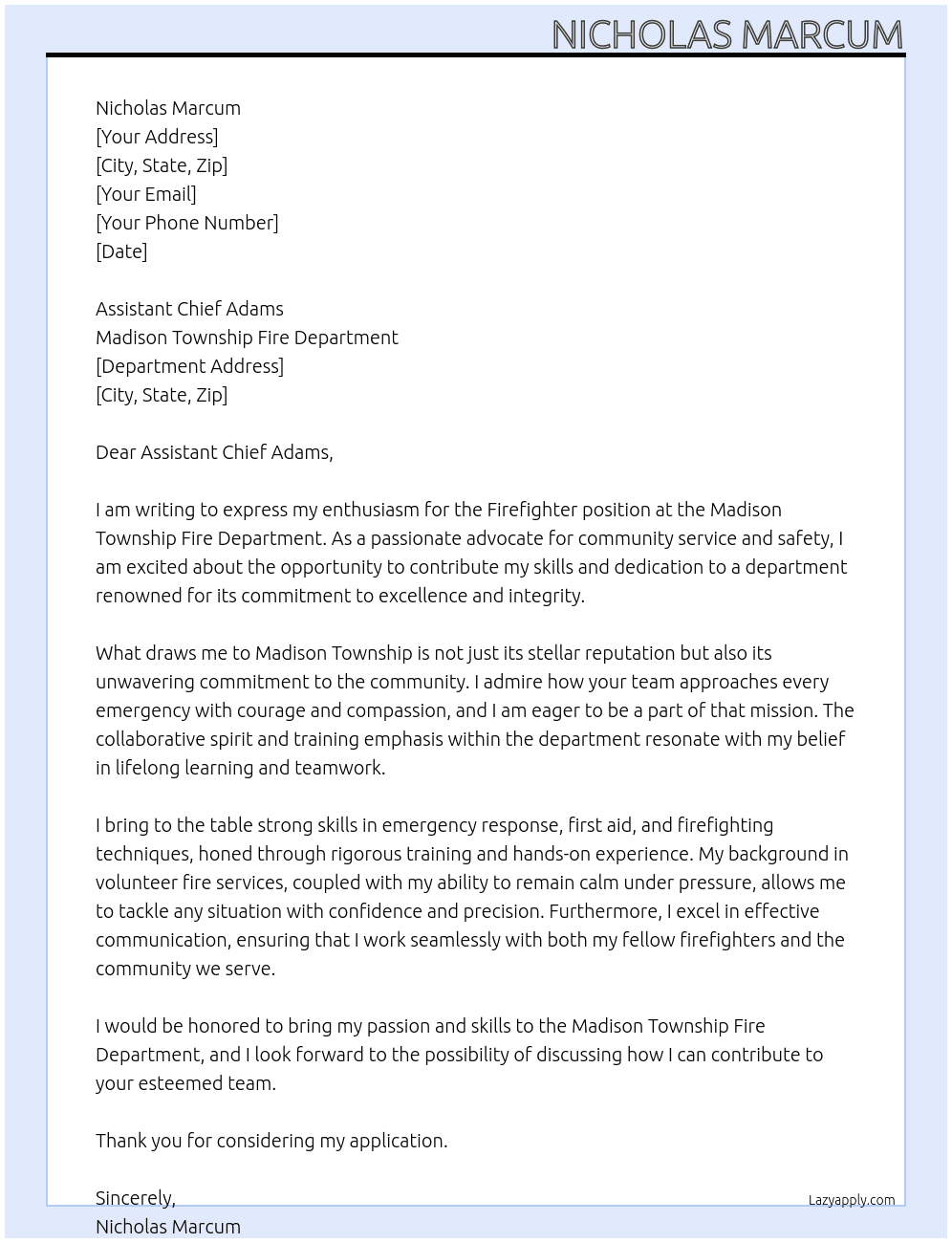 Firefighter At Madison Township Fire Department Cover Letter