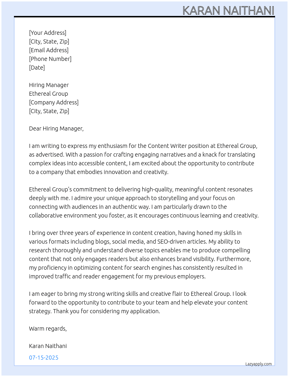 Content Writer  At Ethereal Group Cover Letter