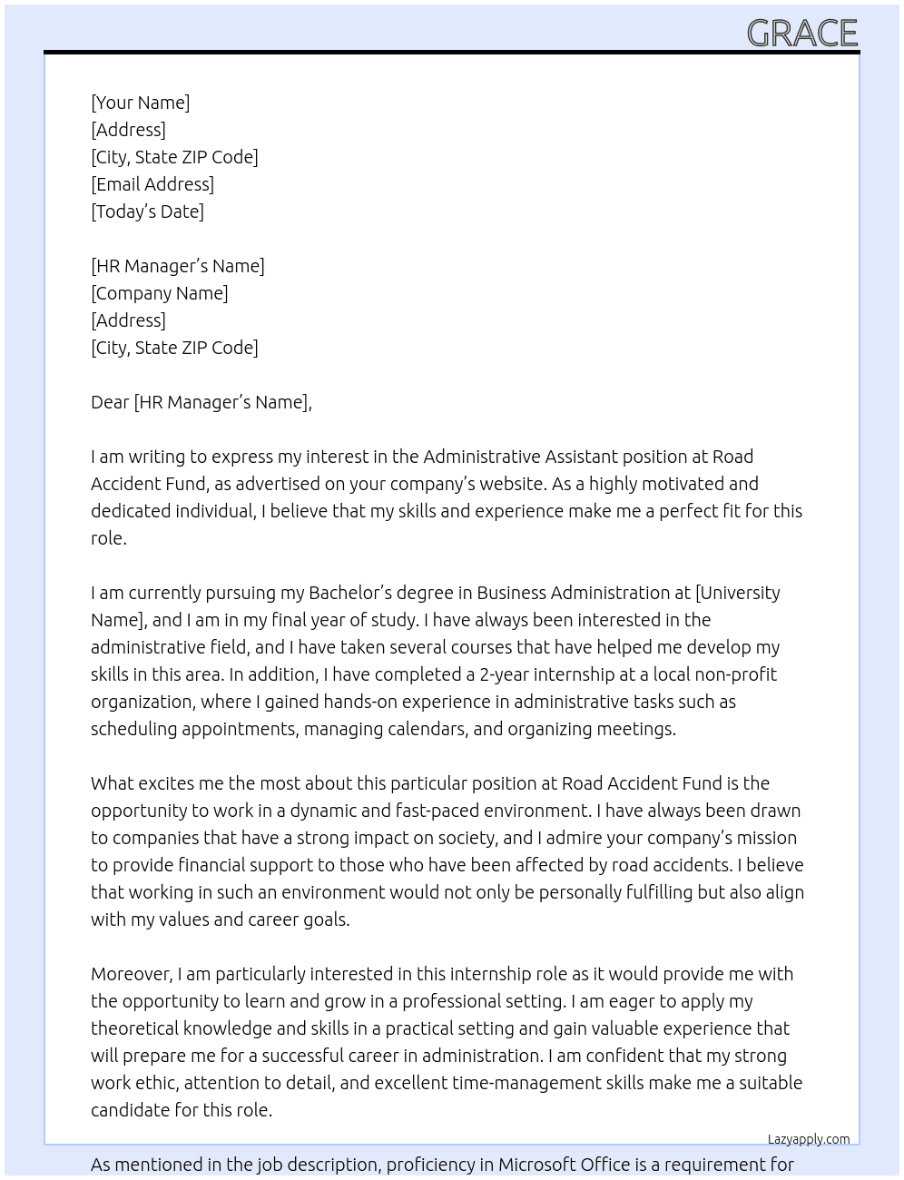 Administrative Assistant  At Road accident fund  Cover Letter