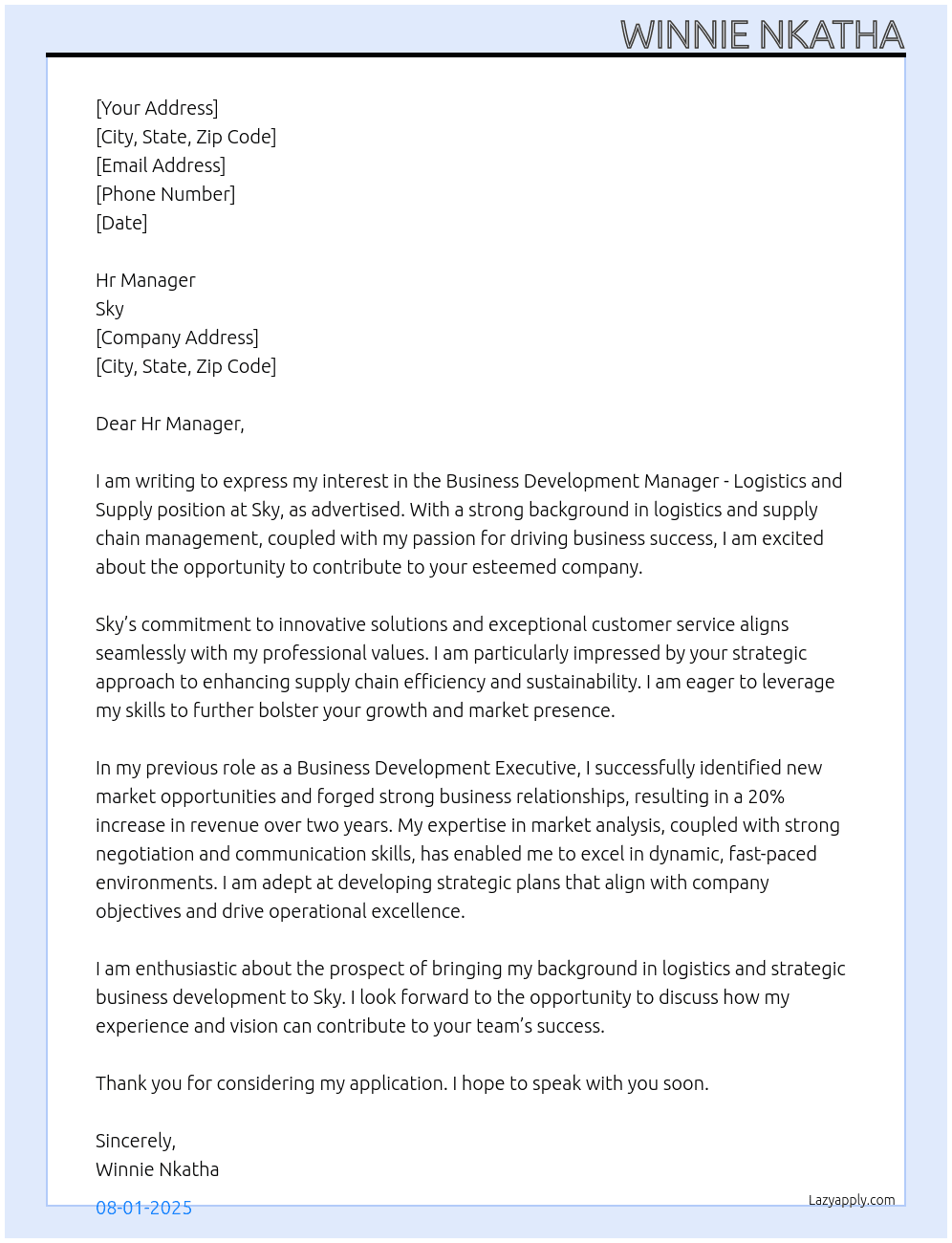Business Development Manager- Logistics and Supply At Sky Cover Letter