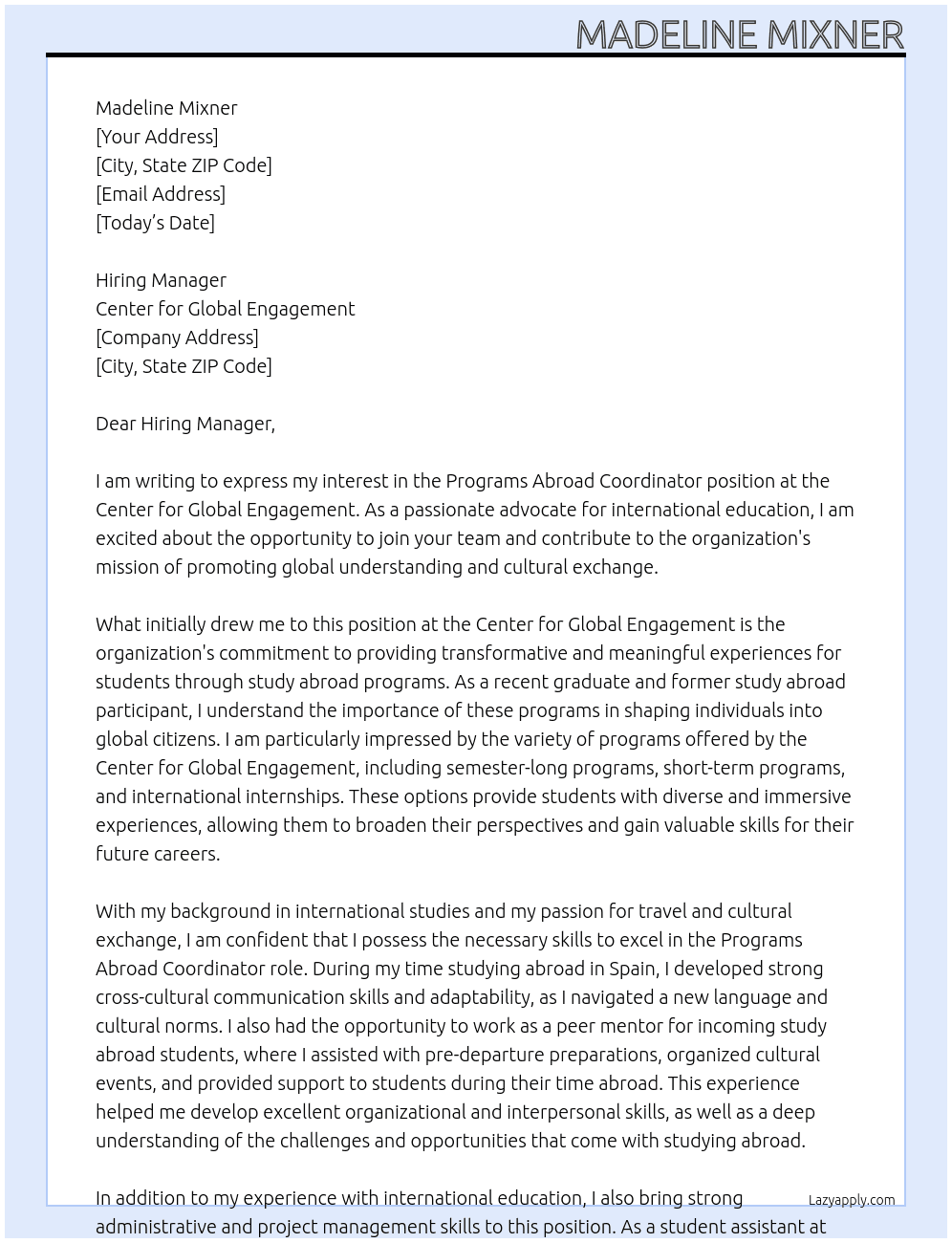 Cover letter for programs abroad coordinator - LazyApply