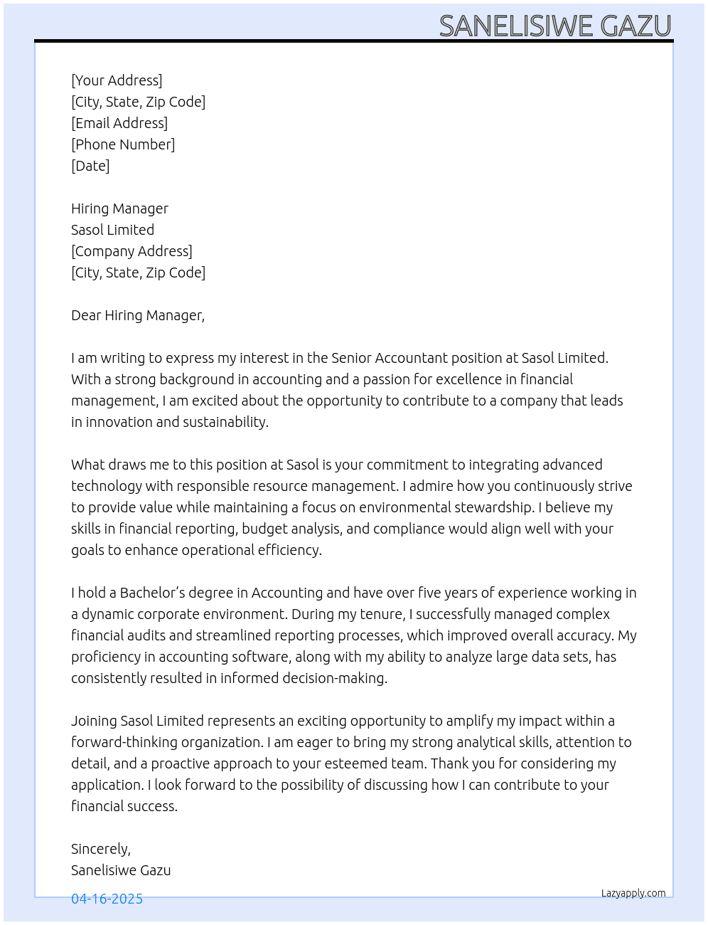 Senior Accountant At Sasol Limited Cover Letter