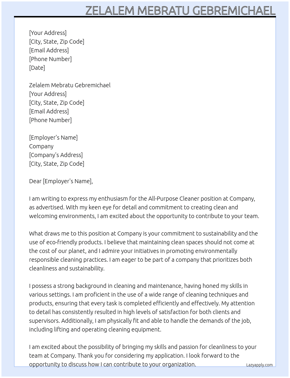 Cover letter for all-purpose cleaner - LazyApply