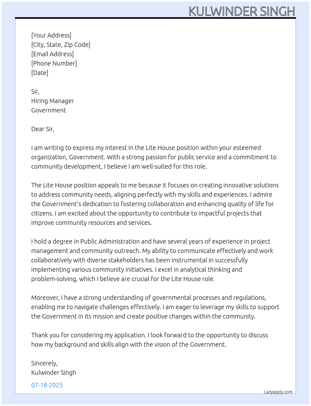 Lite house At Government  Cover Letter