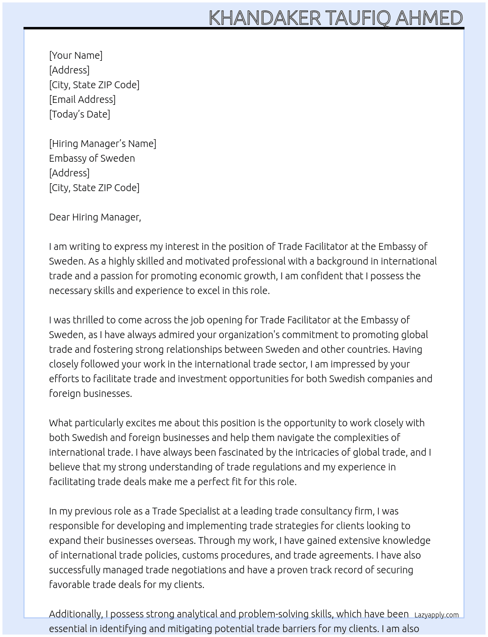 Trade Facilitator At Embassy of Sweden Cover Letter