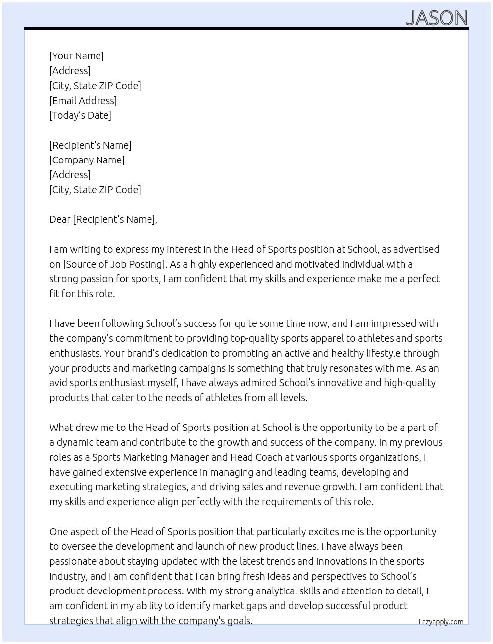 Head of sports  At School Cover Letter