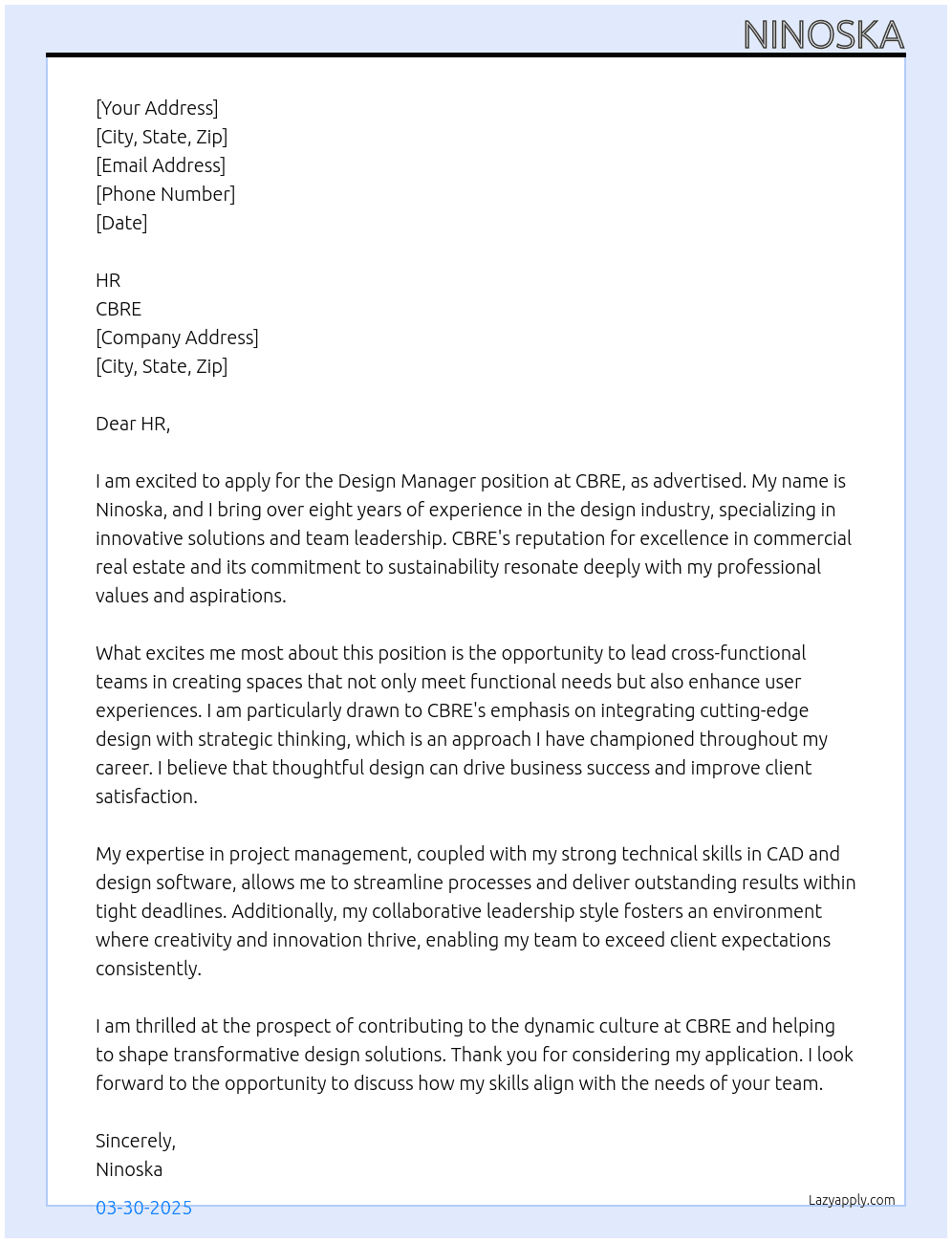 Design Manager At CBRE  Cover Letter