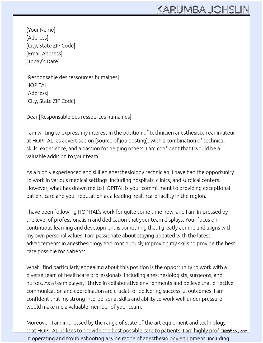 technicien anesthésiste-réanimateur At HOPITAL Cover Letter