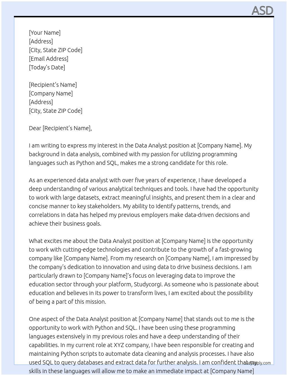 Data analyst At studycorgi Cover Letter
