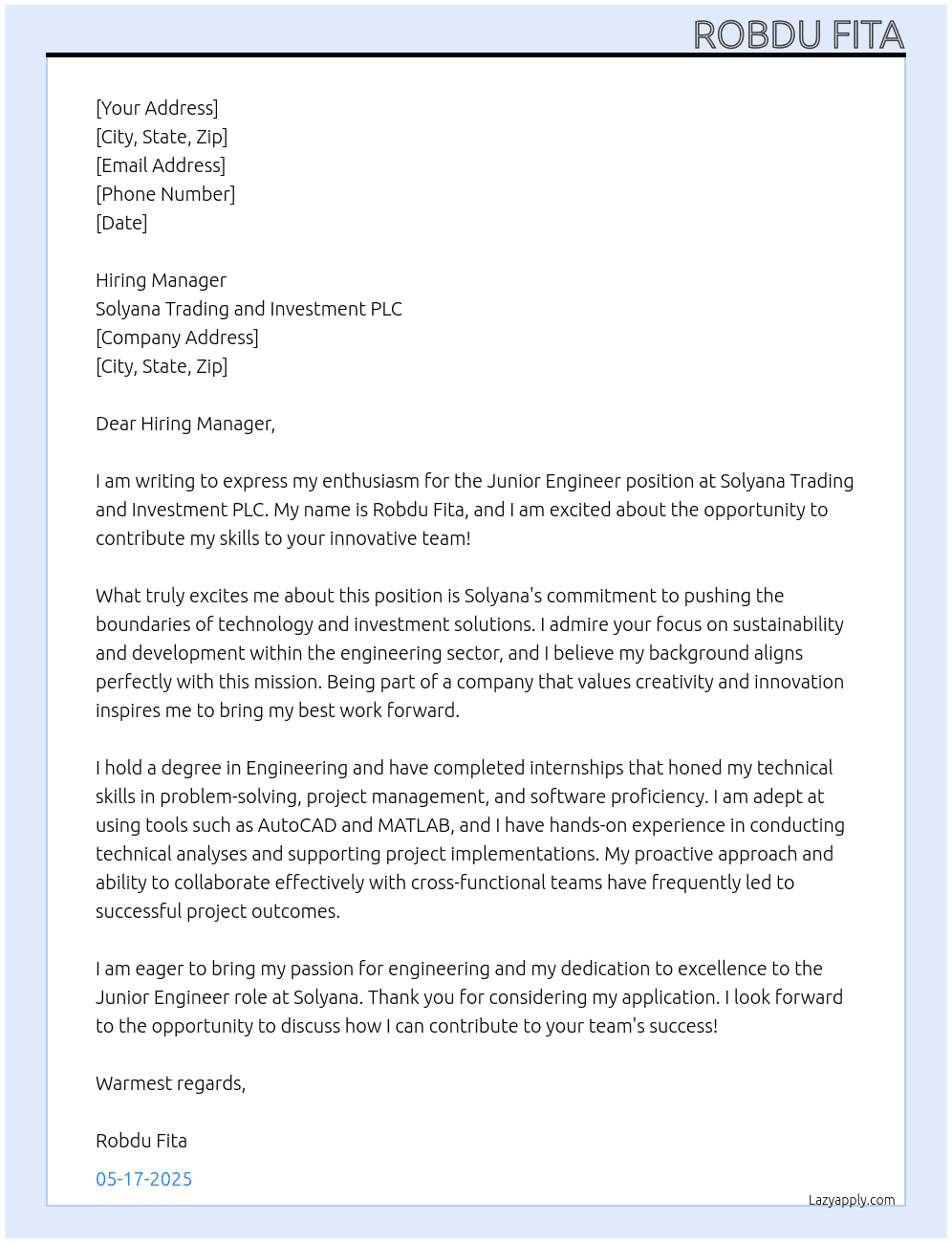 Junior Engineer  At Solyana Trading and Investment PLC Cover Letter
