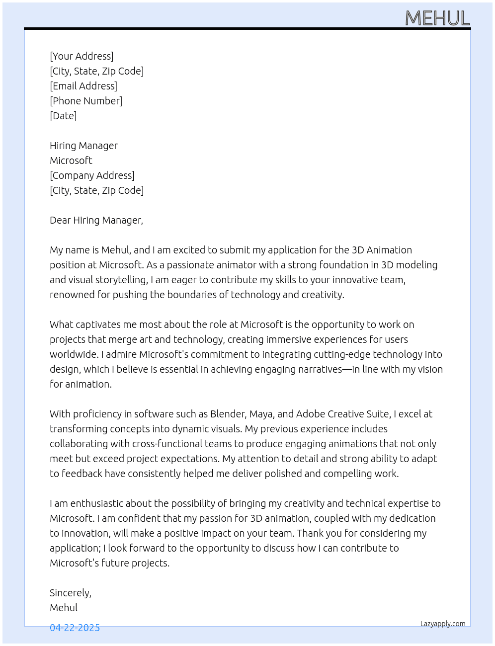 Cover letter for 3d animation - LazyApply