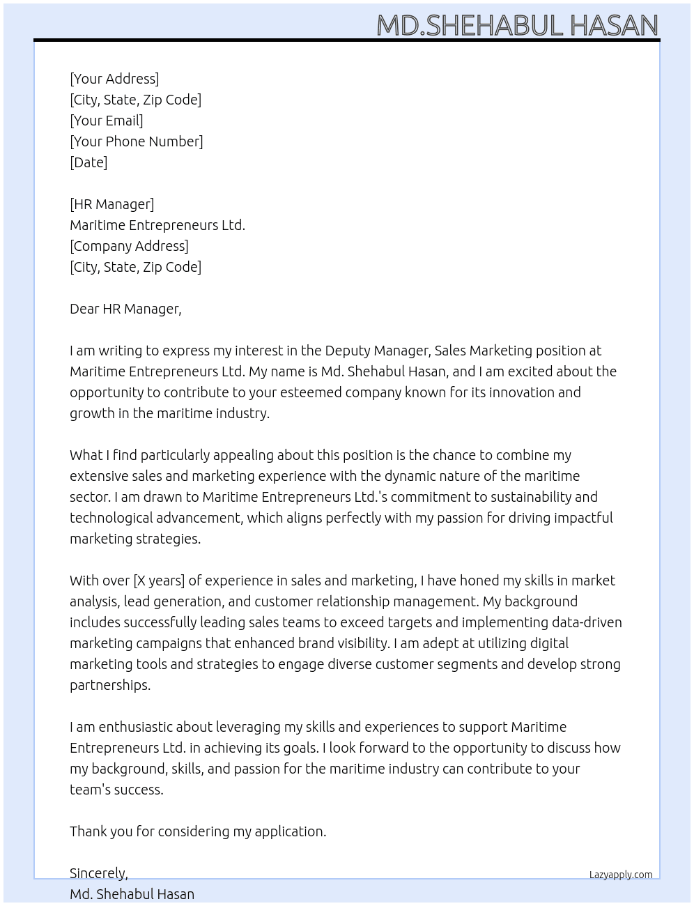 Deputy Manager ,Sales marketing At Maritime enterorenures Ltd Cover Letter