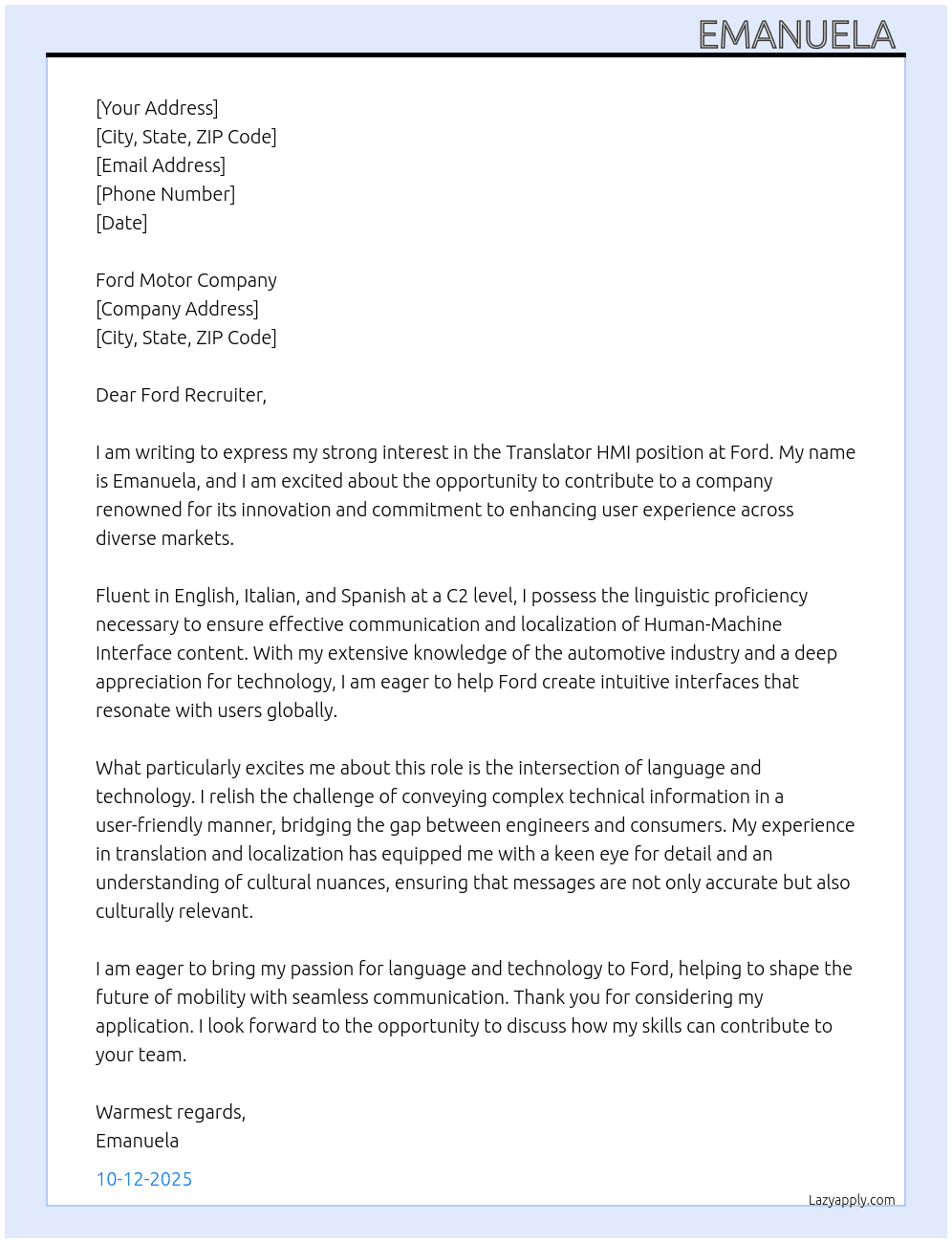 Translator HMI At Ford Cover Letter