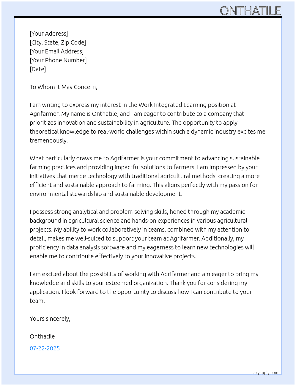 Work integrated learning  At Agrifarmer  Cover Letter