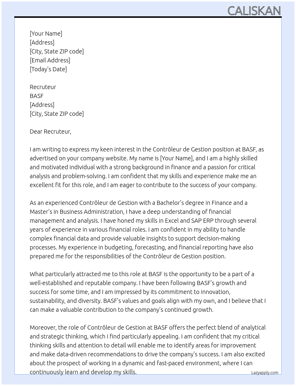 Contrôleur de Gestion At BASF Cover Letter