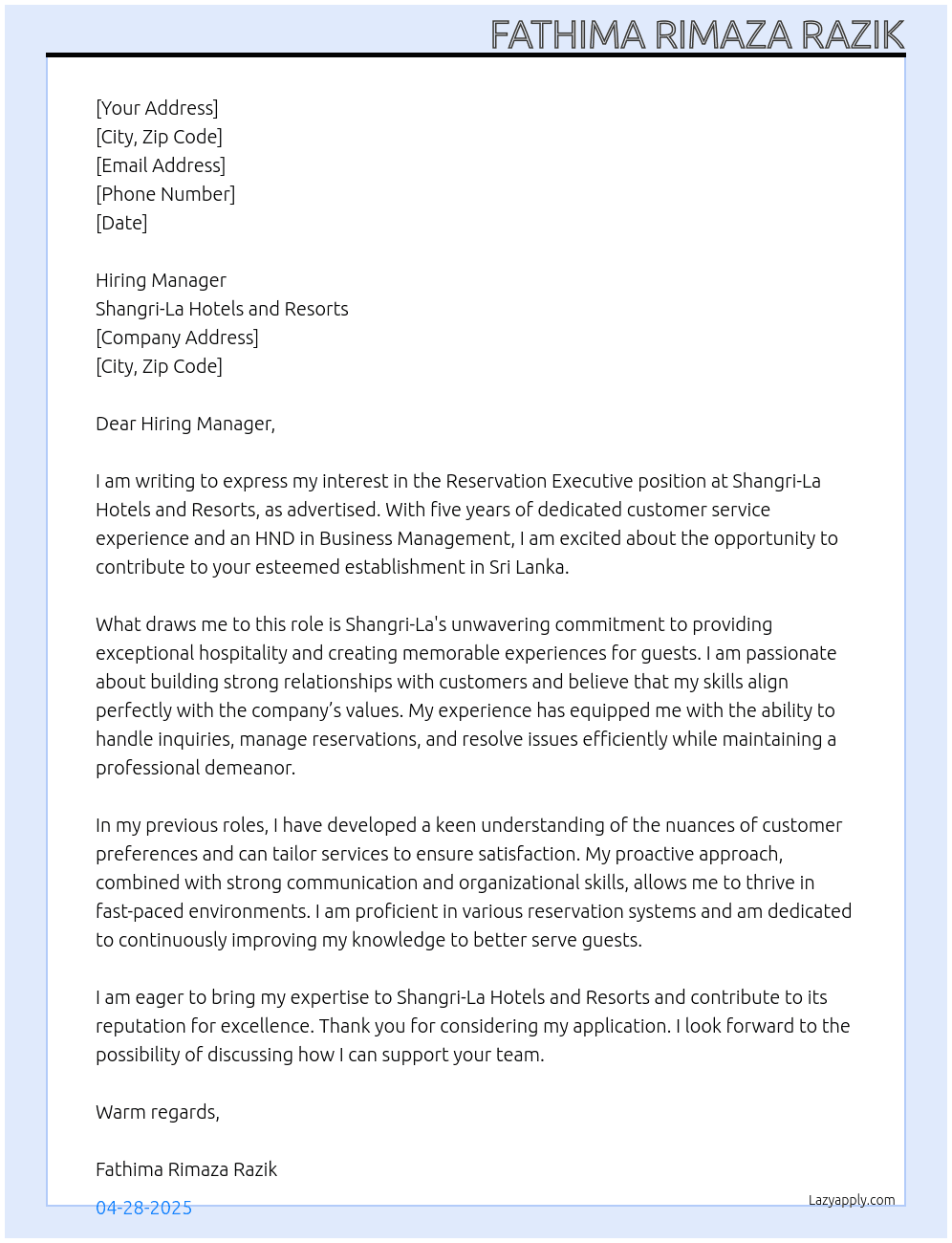 Reservation Executive  At Shangri-La Hotels and Resorts  Cover Letter