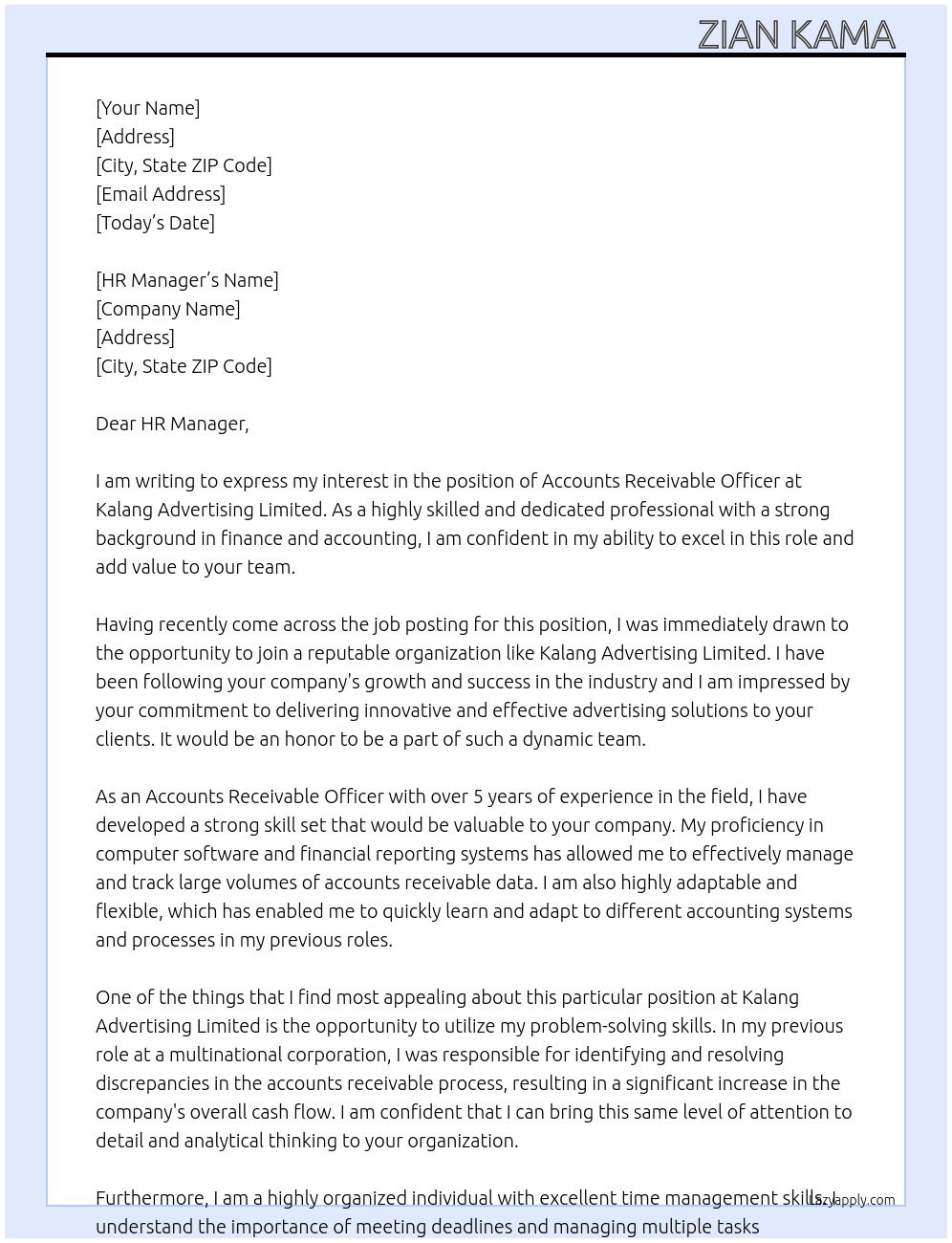 Cover letter for accounts receivable officer - LazyApply
