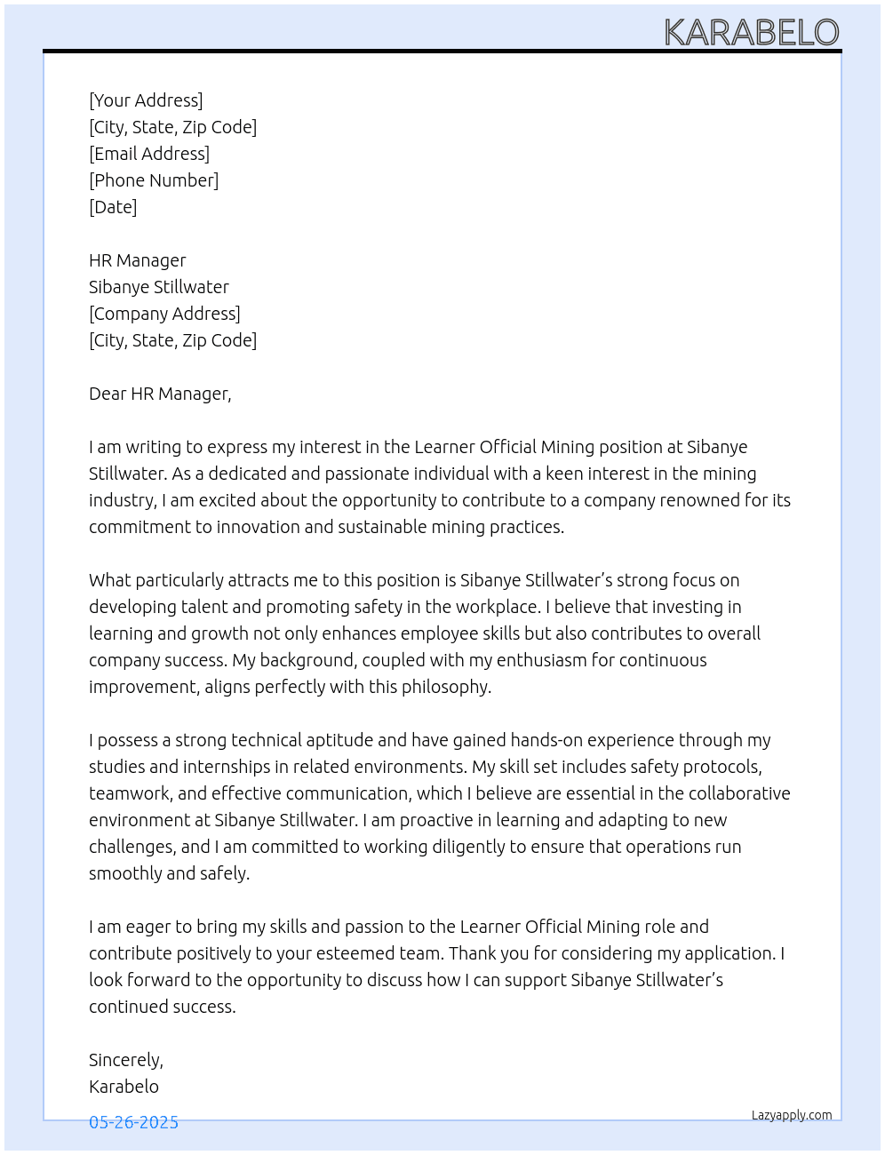 Learner official mining At Sibanye-stillwaters Cover Letter
