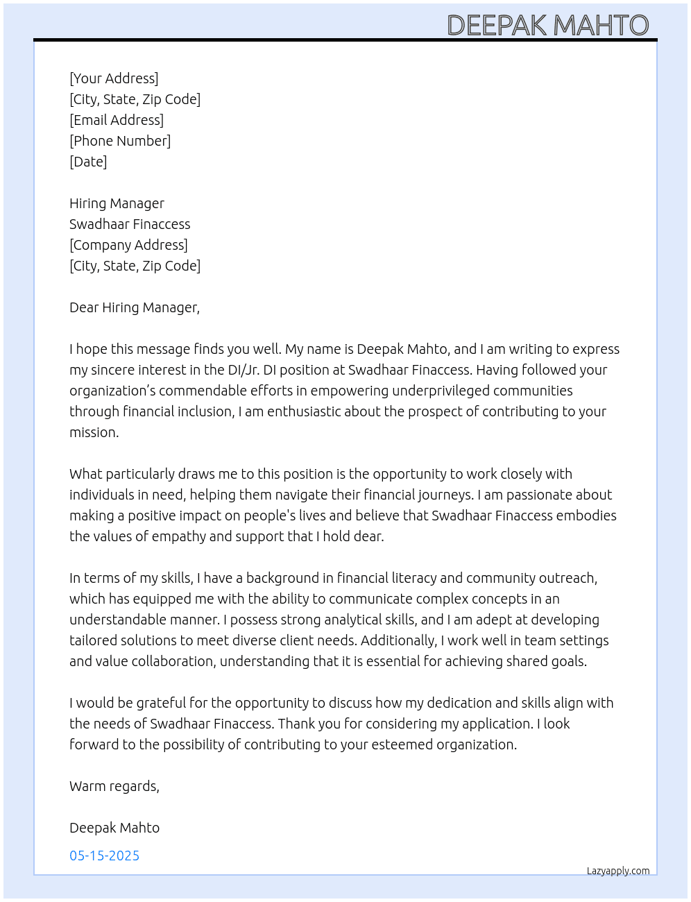DI/Jr. DI At Swadhaar Finaccess Cover Letter