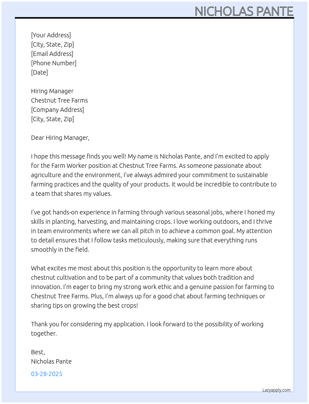 Farm Worker At Chestnut tree farms Cover Letter