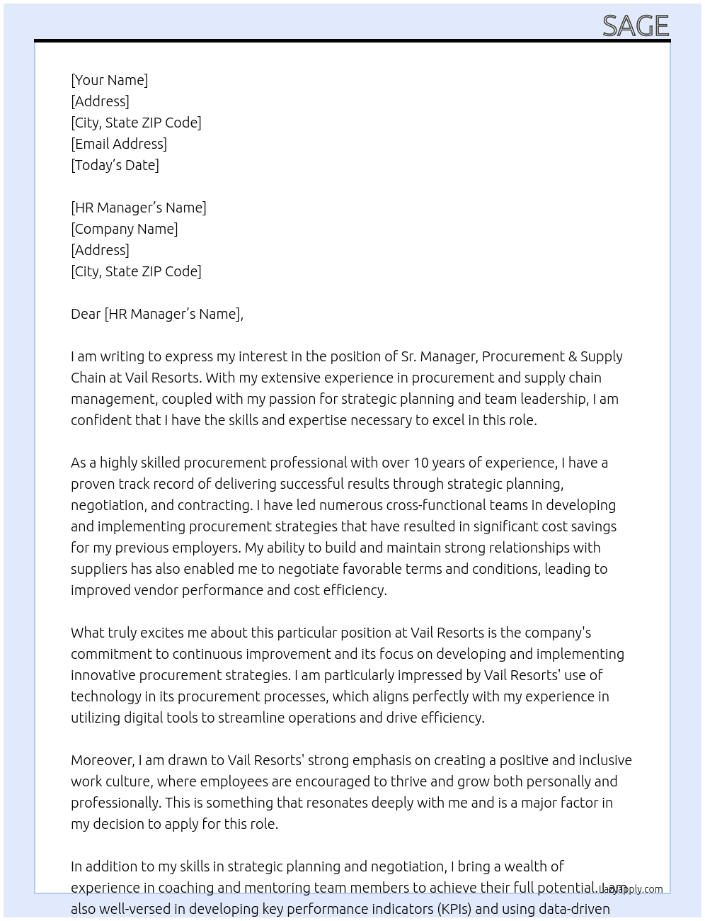 Sr. Manager, Procurement & Supply Chain At Vail Resorts Cover Letter