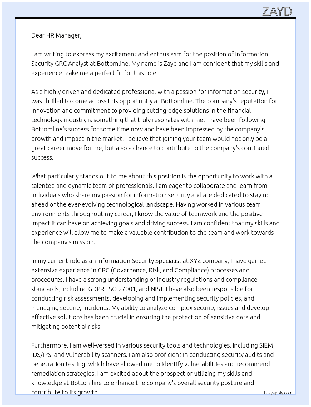 Information Security GRC Analyst At Bottomline Cover Letter